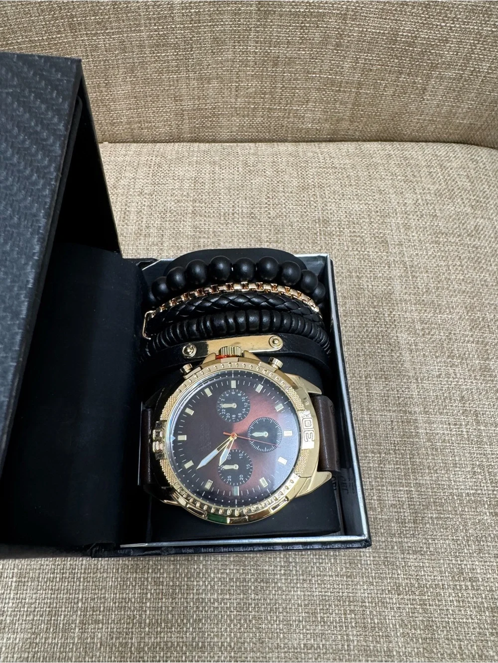 American Exchange Men’s Quartz Analog-Digital Watch Blue Leather Strap Gold Box